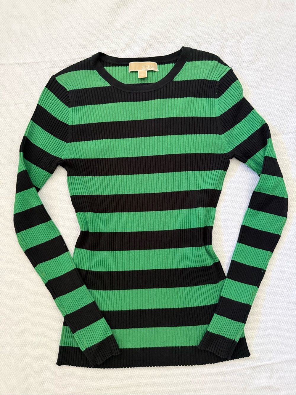 Michael Kors Black and Green Ribbed Stripe Knit Top